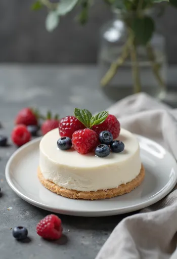 Bolo de mousse de chocolate branco servido com frutos vermelhos