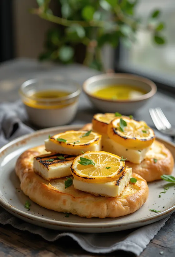 Focaccia dourada com halloumi grelhado e rodelas de limão