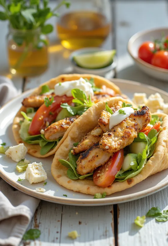 Gyros de alho com frango grelhado, vegetais frescos e molho tzatziki de alho