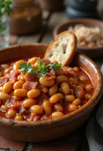 Feijão com tomate polvilhado com salsa fresca, servido em tigela funda.