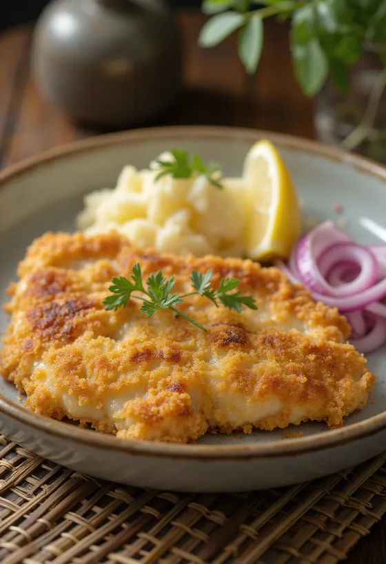 Schnitzel de porco com salada de batata servido num prato.