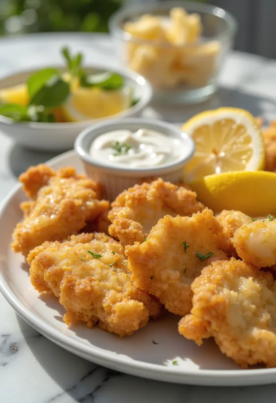 Miolos panados em polme crocante servidos com legumes frescos