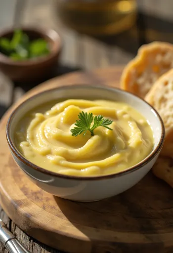 Molho alioli branco e cremoso numa tigela com alho