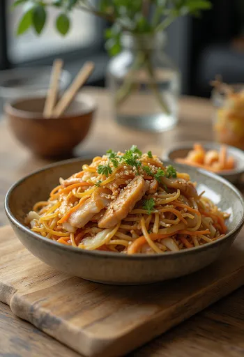 Yakisoba com frango, massa de wok japonesa com legumes crocantes