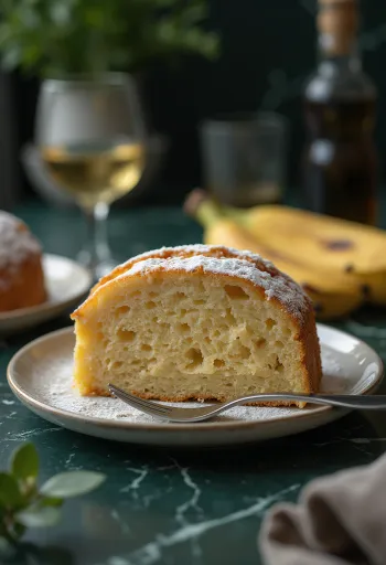 Fatias de bolo de banana dourado num prato de servir