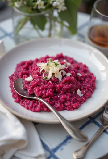 Risotto de beterraba, textura cremosa, servido com salsa fresca e parmesão vegano.