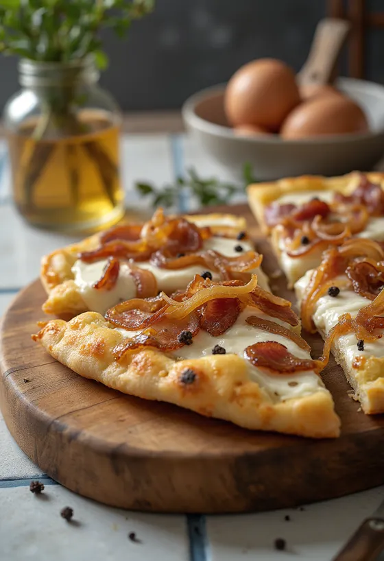Flammkuchen com natas, cebola e bacon