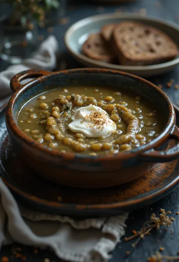 Estofado de lentilhas cremoso polvilhado com salsa fresca, servido com ovo estrelado e rodelas de salsicha frita.