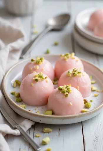 Kulfi de rosas decorado com pistácios e pétalas de rosa