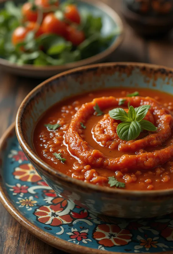 Molho de tomate com pimentão vermelho escuro e espesso