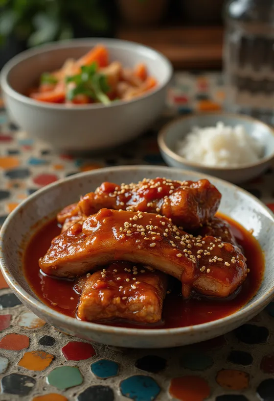 Galbi picante, carne de vaca coreana picante em marinada, com sementes de sésamo
