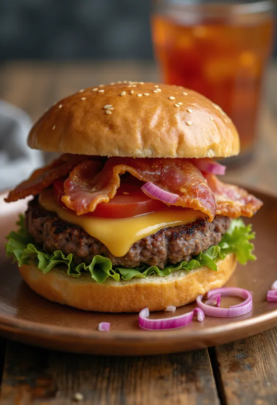 Hambúrguer vegan com bacon e vegetais frescos