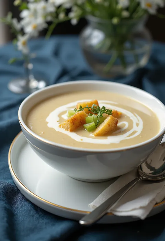 Creme de aipo cremoso decorado com salsa fresca.