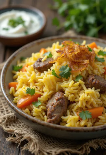 Biryani de legumes com borrego, arroz rico em especiarias e carne de borrego tenra