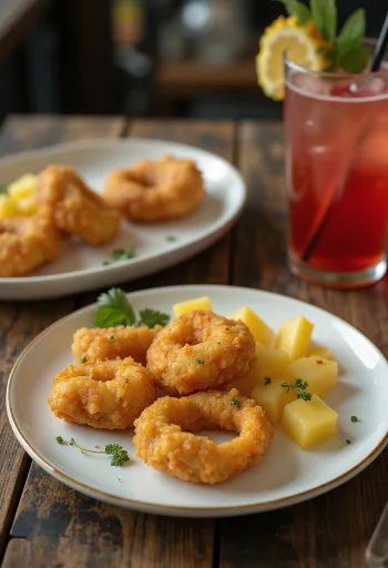 Acarajé servido com ananás, bolas de feijão condimentadas e ananás fresco