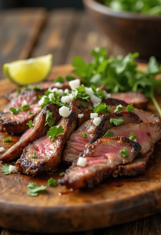 Carne asada servida com tortilhas e salada