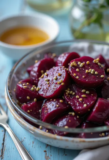Salada de beterraba servida com vegetais frescos e molho de vinagre balsâmico