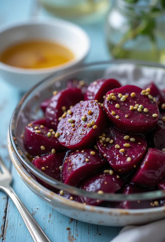 Salada de beterraba servida com vegetais frescos e molho de vinagre balsâmico