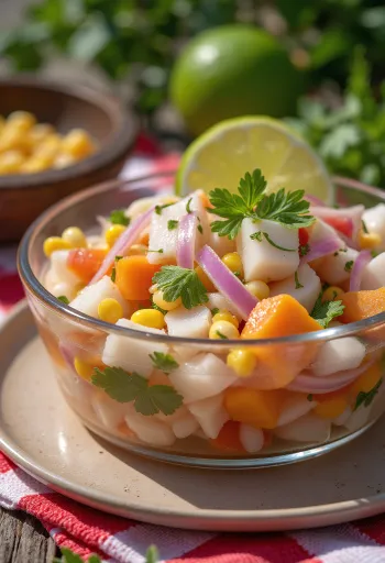 Ceviche Chileno servido com sumo de lima e abacate