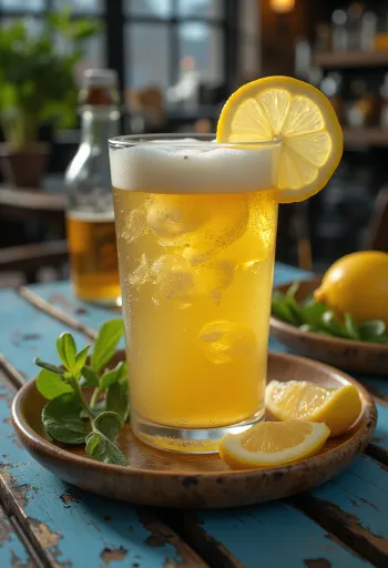 Cerveja com limão servida com fatia de limão e gelo