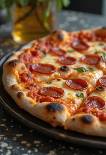 Pizza de queijo fumado e pepperoni acabada de fazer