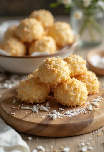 Pilha de bolachas de coco douradas num prato
