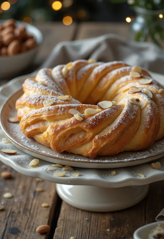 Kringle com recheio de amêndoa, polvilhado com açúcar e canela