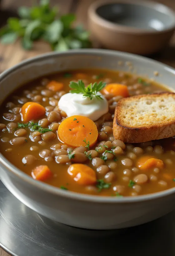 Sopa de lentilhas tradicional com cenoura, batata e temperada com louro, pronta a servir.