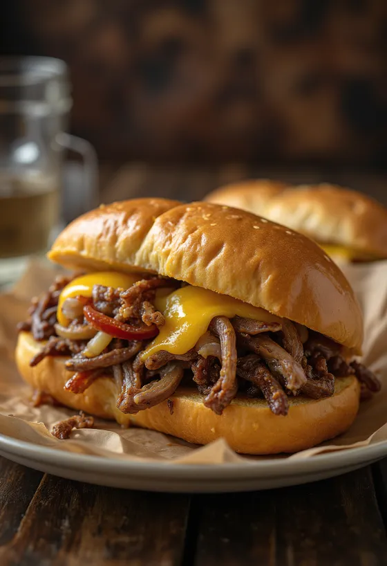 Philly cheesesteak servido com batatas fritas e salada
