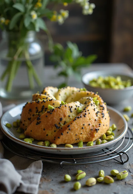 Bolo de papoila e pistáchio servido