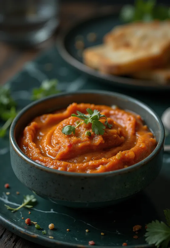 Molho romesco alaranjado e granuloso com amêndoa