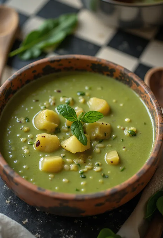 Sopa cremosa de batata com espinafres servida