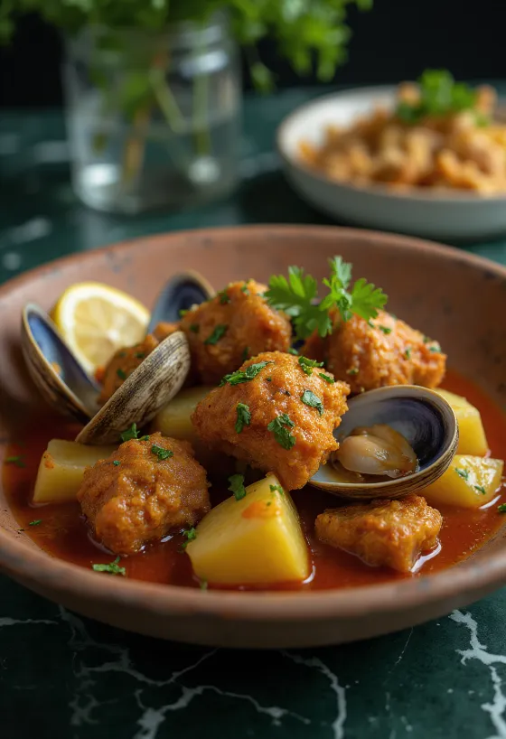 Carne de porco à Alentejana prato português servido