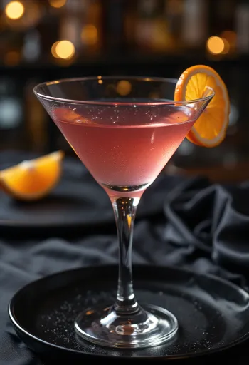 Cocktail Cosmopolitan decorado com casca de laranja