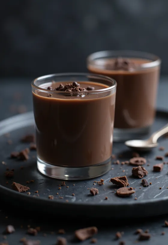 Panna cotta de chocolate decorada com frutos vermelhos e raspas de chocolate