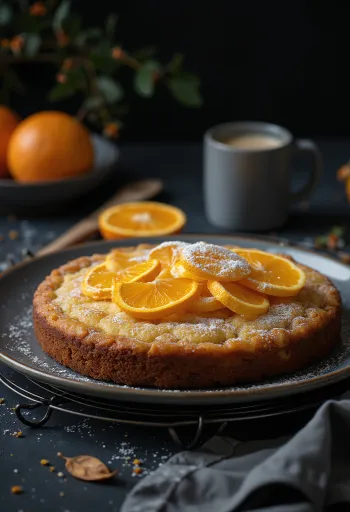 Bolo de laranja com especiarias servido com açúcar em pó e casca de laranja