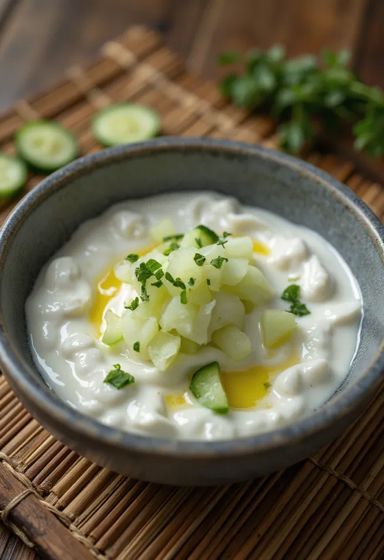 Molho de iogurte com pepino e gengibre numa tigela