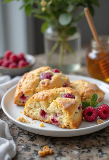 Scones de framboesa e mel servidos com chá