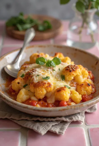 Parmigiana com couve-flor assada, em camadas com beringela, molho de tomate e queijo derretido