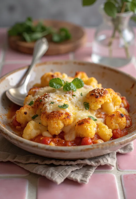 Parmigiana com couve-flor assada, em camadas com beringela, molho de tomate e queijo derretido