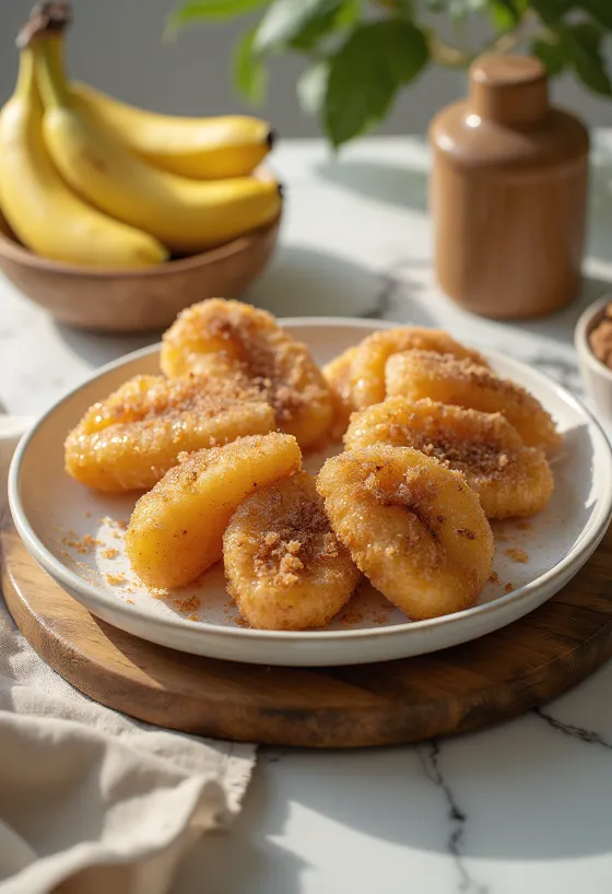 Banana frita dourada polvilhada com açúcar e canela