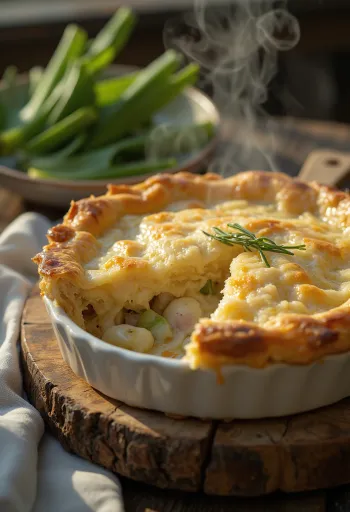 Tarte de coelho e alho-francês servida num prato rústico com massa folhada dourada.