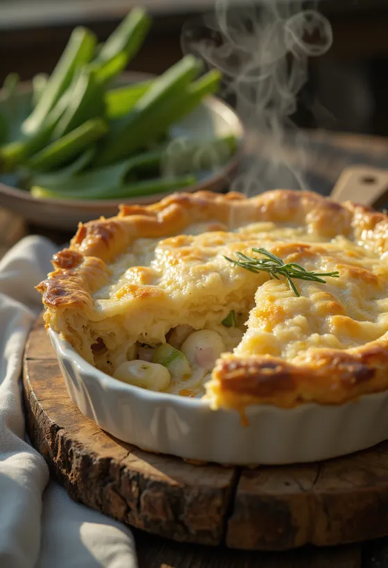 Tarte de coelho e alho-francês servida num prato rústico com massa folhada dourada.