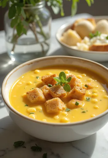 Sopa de ervilhas amarelas servida com salsicha fumada e salsa fresca