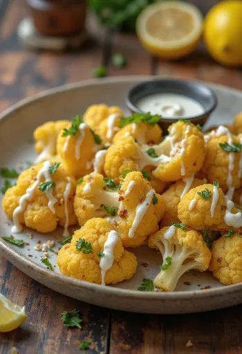 Couve-flor assada com molho de tahini e limão servida