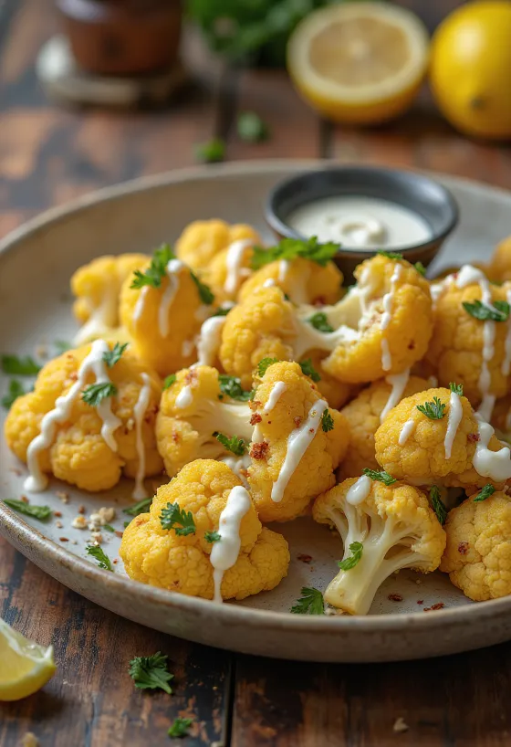 Couve-flor assada com molho de tahini e limão servida