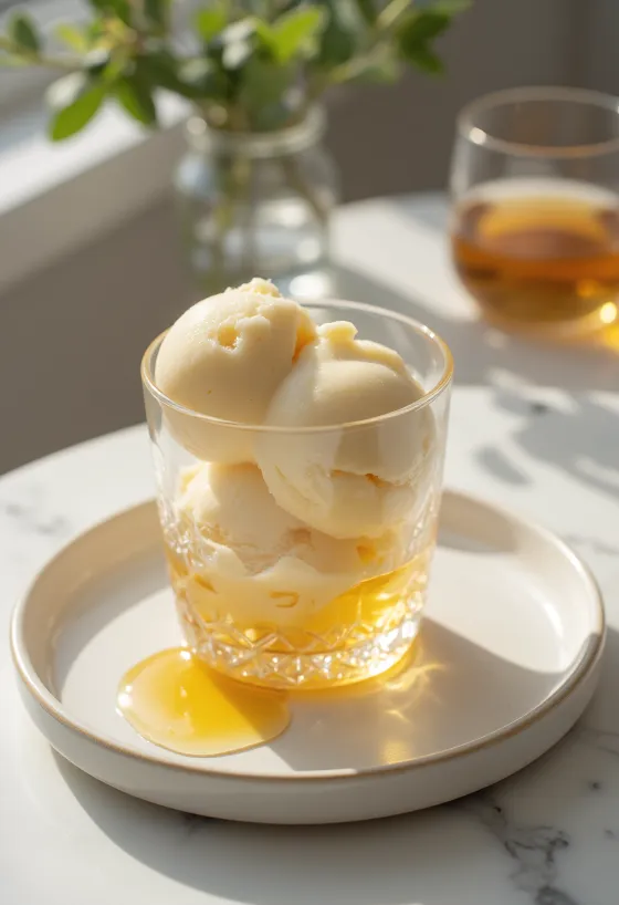 Gelado de whisky e mel servido com textura cremosa