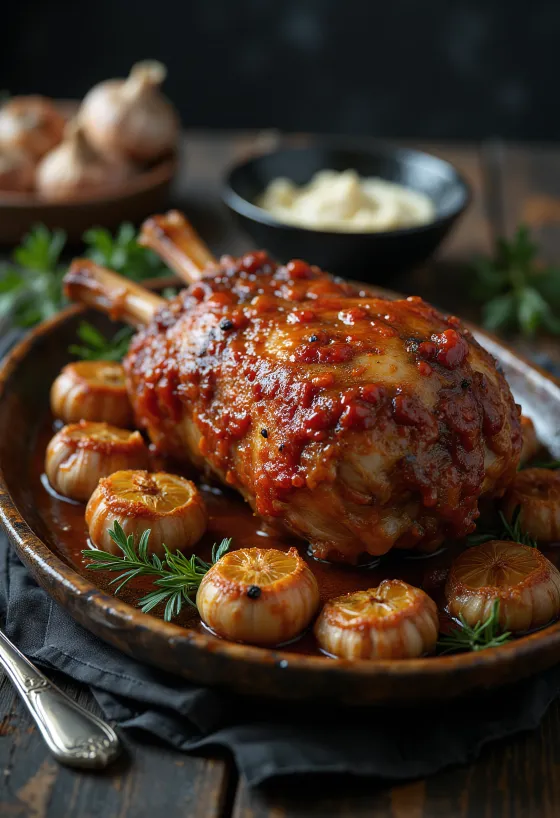 Borrego assado com Ajvar, salsa fresca e batatas assadas