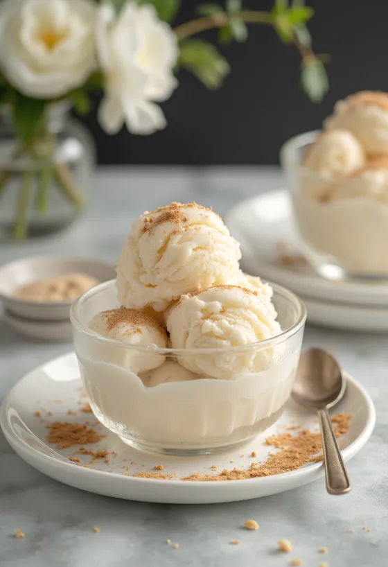 Gelado de arroz doce e canela servido