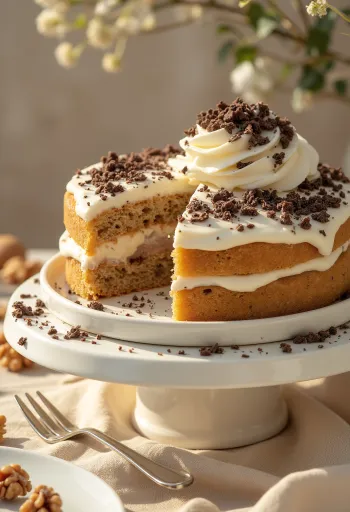 Bolo de noz e castanha com creme rico e nozes